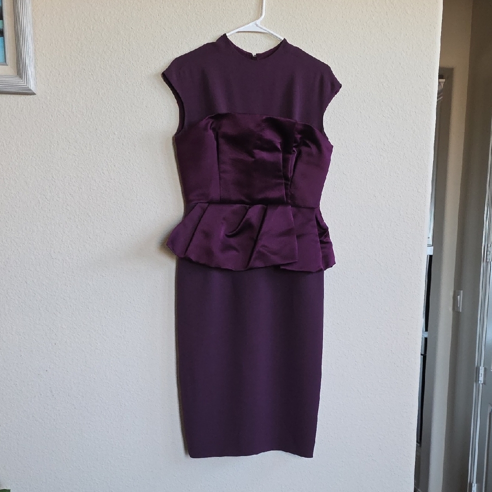 Christian Dior Purple Aubergine Bodycon Peplum Midi Dress Silk, Sz 8